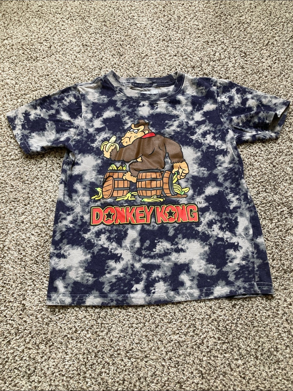 Boys Donkey Kong shirt, blue and gray tie-dye